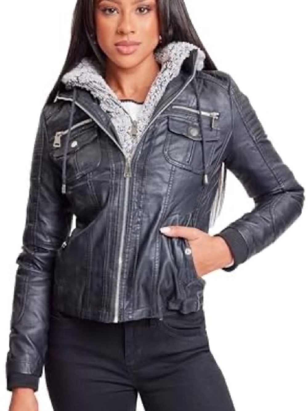 Royalty For Me Black Faux Leather Jacket with Sherpa Hood 780